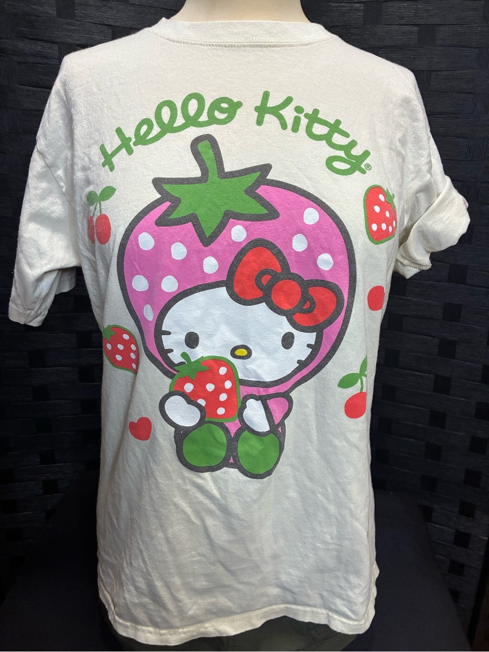 Hello Kitty White Tee with Pink Strawberry Graphic